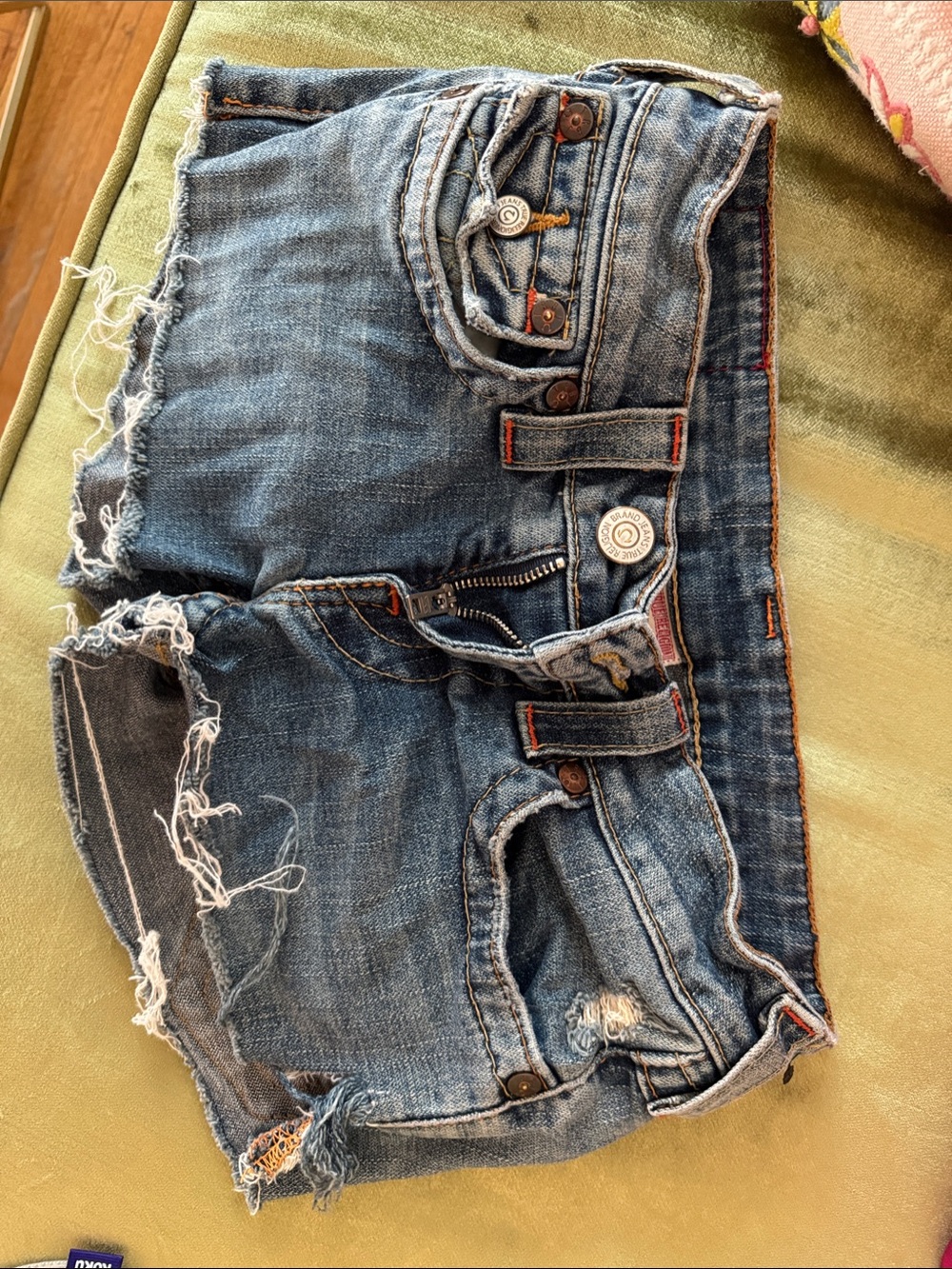 True Religion Distressed Blue Denim Cutoff Shorts